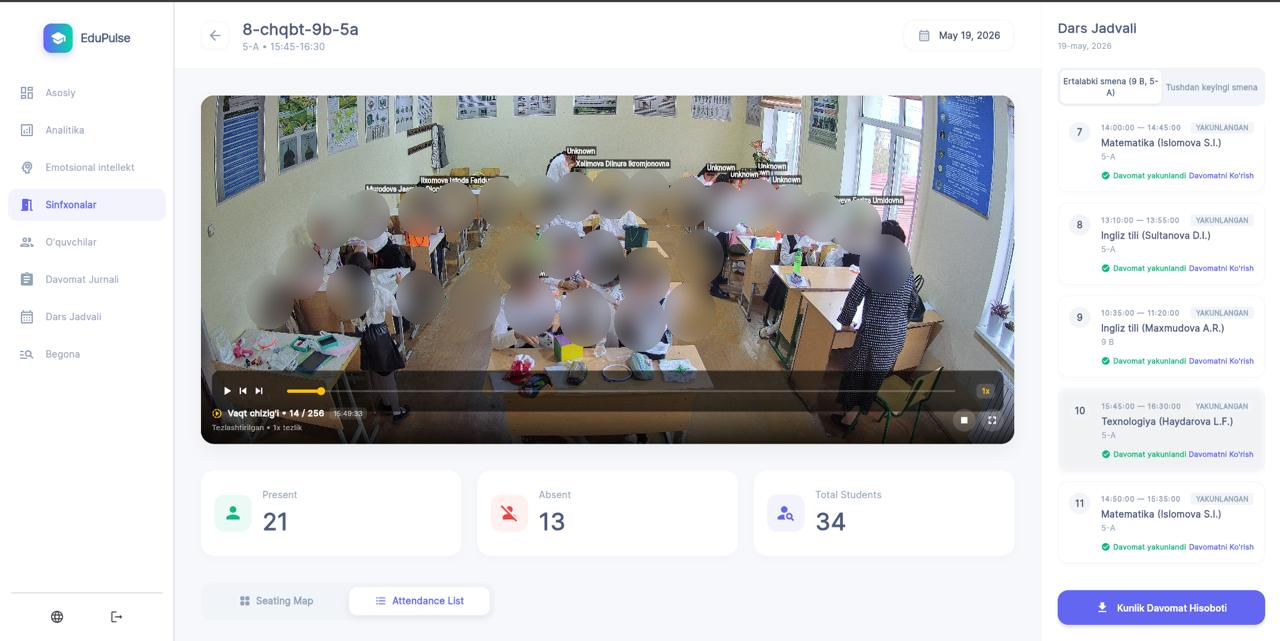 EduPulse classroom recording with attendance stats